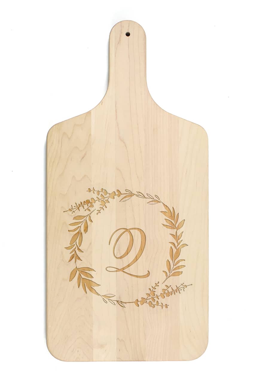 Floral Wreath Monogram Maple Paddle Cutting Board